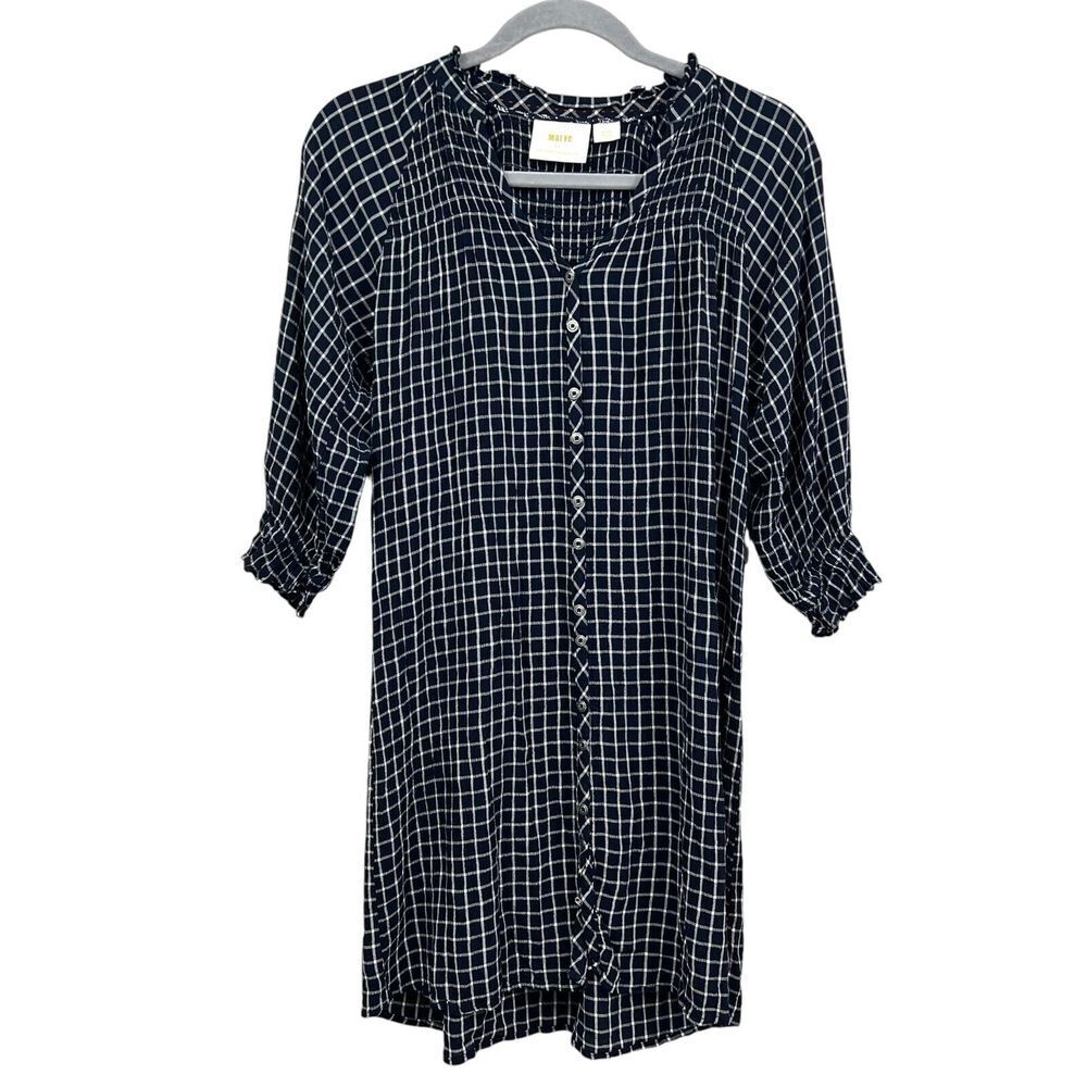Anthropologie Maeve Womens Plaid Dress Ruffled V Neck Long Sleeve Navy Sz XXSP*